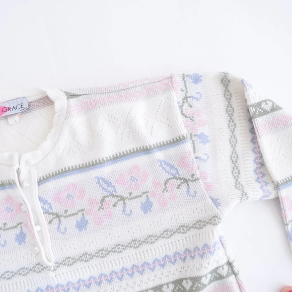 Vintage Grace Cream with Pink  Floral Half Button Down Sweater - Picture 10 of 13